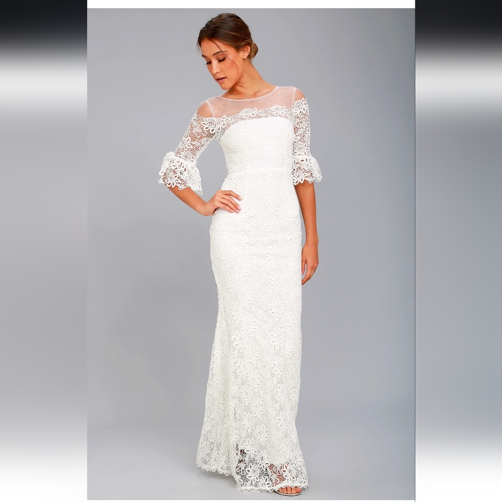 Lulu's First Day of My Life White Lace Maxi Dress Size L